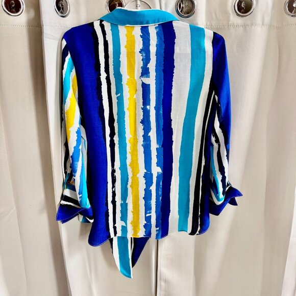 Mischa Womens Top Large Button Up Tie Front Artsy Art Deco Retro Striped 17913 - Picture 2 of 9